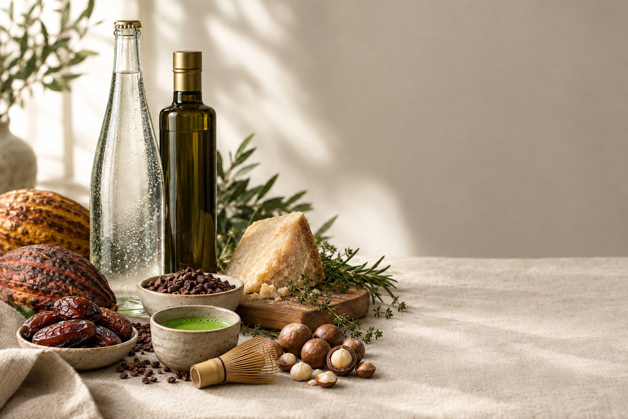 Premium international foods, including olive oil, cheese, cacao, dates, matcha and macadamia nuts, with a bottle of sparkling mineral water on an ivory linen table