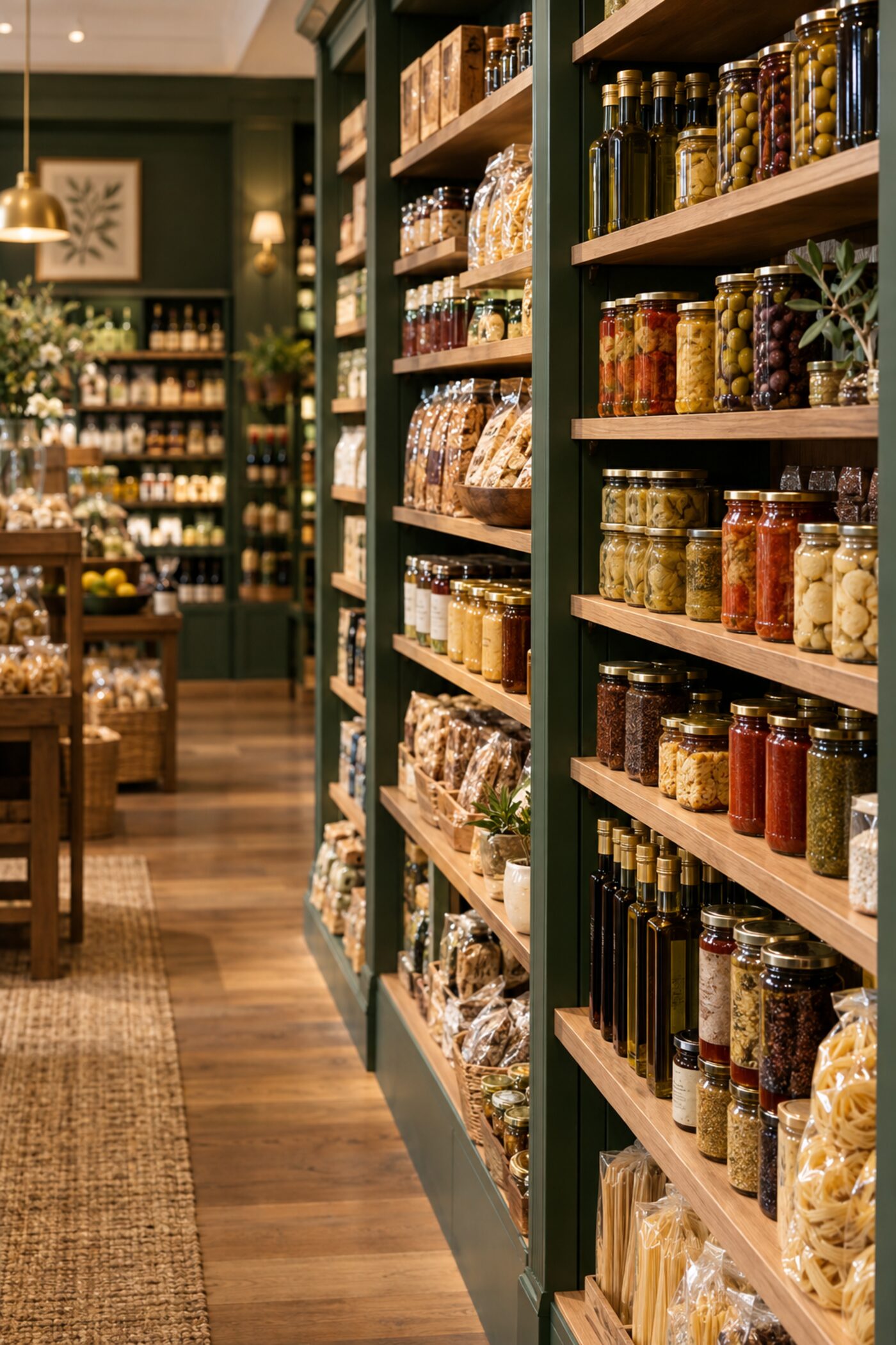 Well-stocked wooden shelves of premium jars and bottles in a specialty food store